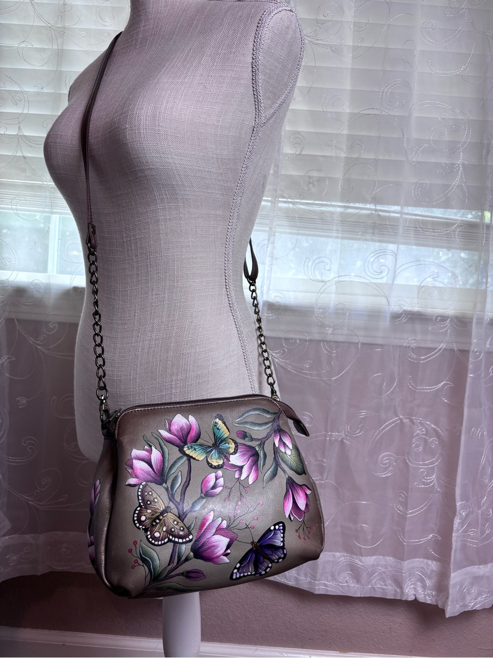 Anuschka Olive Leather Crossbody with Hand-Painted Butterflies & Florals - Picture 5 of 16